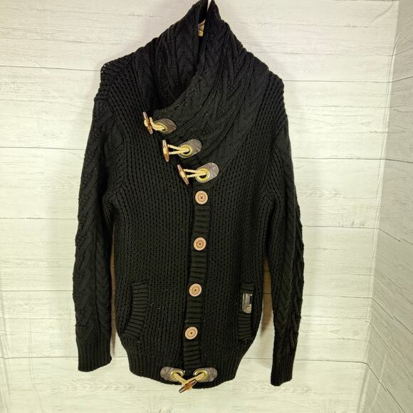 Leif Nelson medium men toggle Cozy Cabin Black sweater chunky knit fisherman - Picture 2 of 13